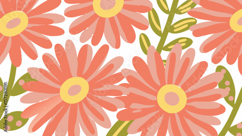 Illustration of several large flowers with orange petals and yellow centers with green stems and leaves