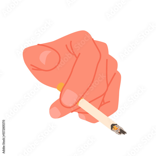 Hand of smoker holding cigarette to smoke. Fingers of male character hold lit cigarette with ash on end, smoking gesture of man with toxic nicotine addiction and bad habit cartoon vector illustration