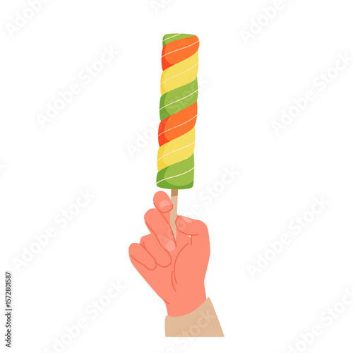Hand holding fruit popsicle with spiral colorful stripes of different tropical flavor, ice cream on wooden stick to eat. Fingers of person hold delicious vitamin lollipop cartoon vector illustration