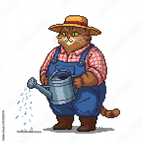 Pixel Art: Fat Cat Farmer Watering Plants, Isolated on White, 8K, High Detail.