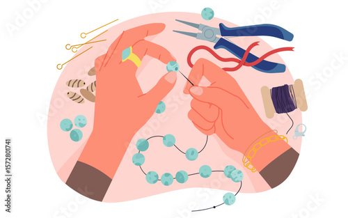 Jewelry workshop, handmade necklace or bracelet gift at jewellery making class, creative craftsmanship. Hands of woman designer put blue beads on string to make bijouterie cartoon vector illustration