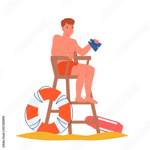 Male lifeguard sitting on wooden observation tower with red rescue torpedo buoy and life preserver. Man in shorts holding binoculars to look at water, save drowning people cartoon vector illustration