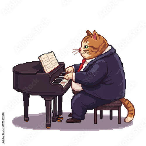 Pixel Art Fat Cat Musician Playing Piano Isolated on White Background, 8k, 8k.