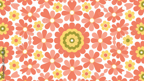 Floral pattern with peach and yellow flowers in a symmetrical arrangement on a white background