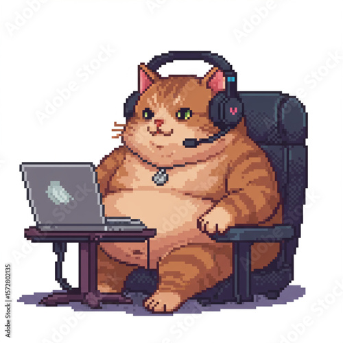 Pixel Art Fat Cat Streamer: Playful feline with headset, isolated on white, 8k.