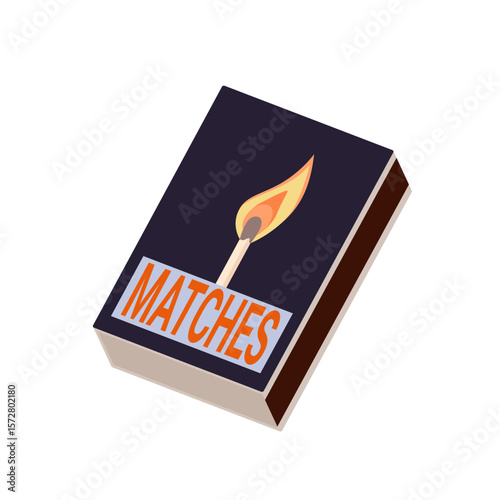 Box full of wooden flammable match sticks, closed container with Matches text and fire on matchstick. Cardboard pack with inscription for household using, survival cartoon vector illustration