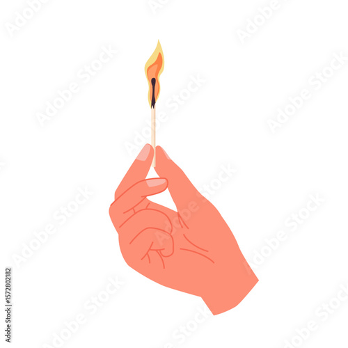 Hand holding one burning wooden match with hot fire. Fingers of man hold lit wood matchstick to light flame of bonfire, cook on gas stove in kitchen or smoke cigarette cartoon vector illustration