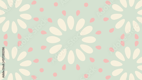 Floral pattern with light green background featuring stylized flowers and pink teardrop shapes design