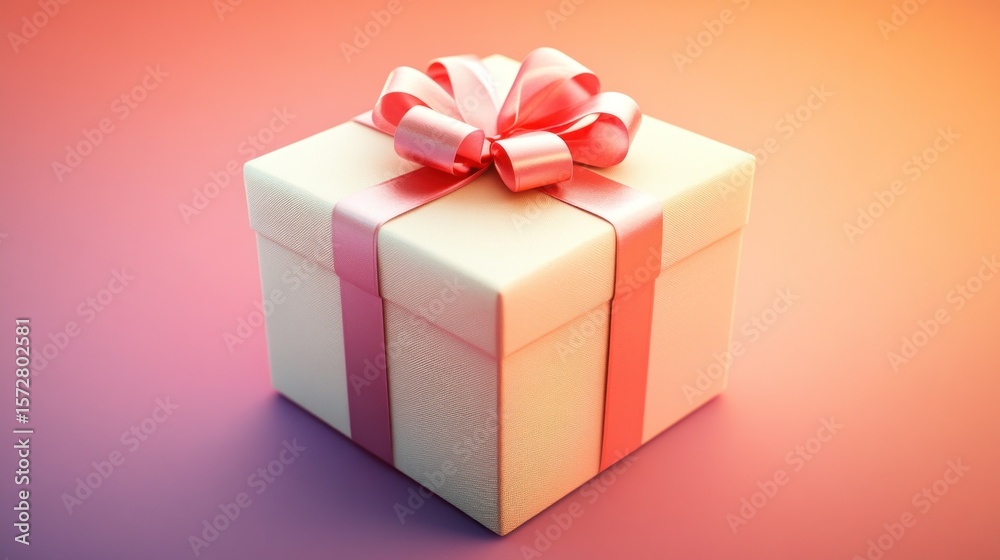 Obraz premium Cream gift box with pink ribbon and bow on orange background.