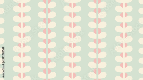Repeating vertical pattern of stylized leaves and pink accents on a light green background design