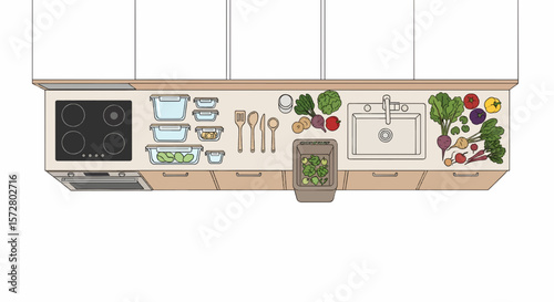 Zero waste kitchen vector: reusable containers, bamboo tools, compost bin, fresh produce. Top-down view. Earth tone palette, minimalist lines, clean design