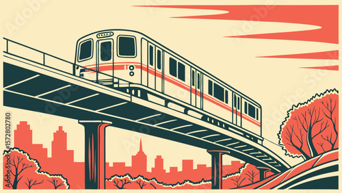 Stylized Train on Elevated Track in Minimal Urban Transit Style

