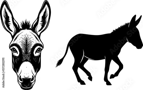Illustration showing a donkey face and a donkey silhouette in black and white color scheme design editable vector