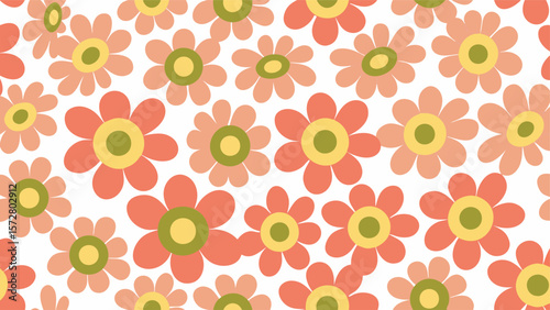 A repeating pattern of stylized flowers with orange petals and yellow or green centers on white 100
