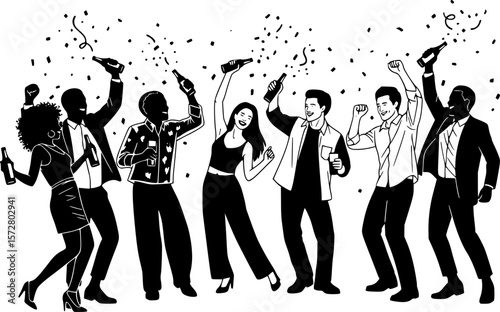 Silhouette of people celebrating with confetti falling down around them in a joyous celebration scene