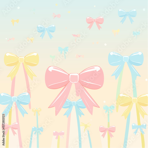 Charming Hand-Drawn Ribbon Bow Clipart, Balletcore-Inspired Girly Decor, Vintage Fashion Element in Soft Pastel Hues, Vector Illustration.