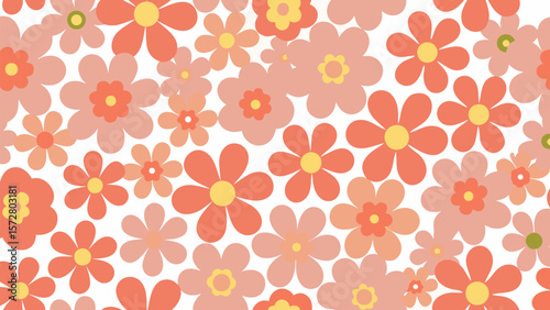 Floral pattern displaying a multitude of flowers in shades of pink and orange on a white background