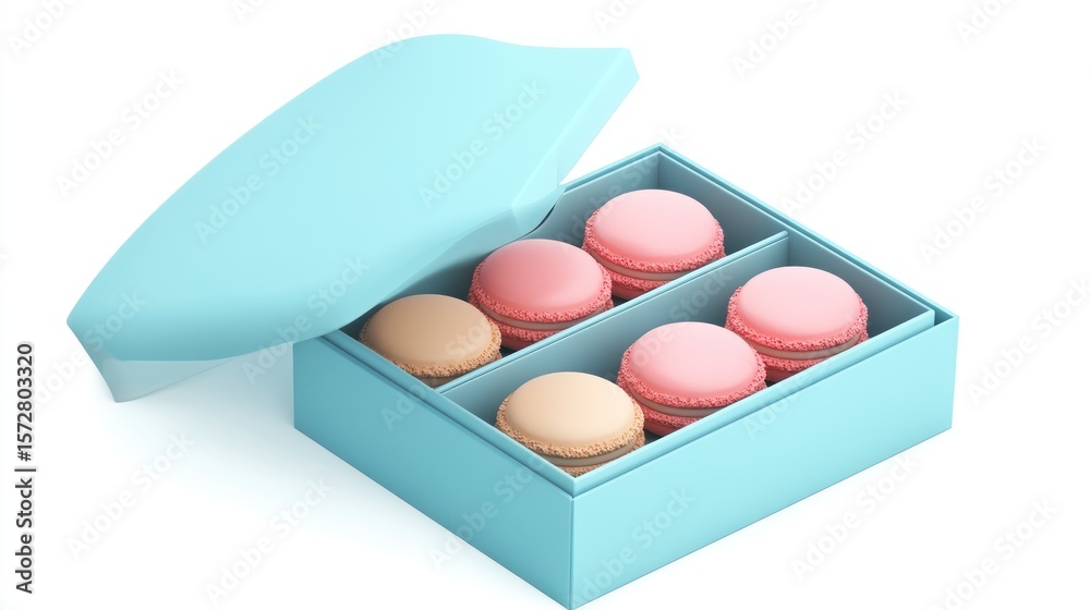 Pastel macarons in a light blue box, partially open, showcasing delicious French pastries. Pastel macarons in a light blue box, partially open, showcasing delicious French pastries.
