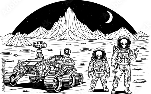 Illustration showing an alien, planets, stars, a car, a hand, and mountains in black and white |eps vectors silhouette