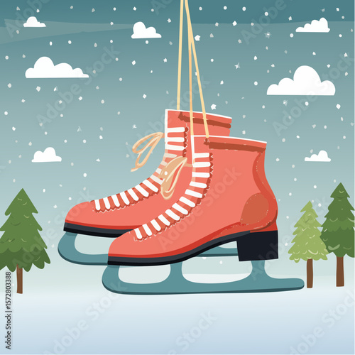 Pair of vintage ice skates hanging on laces. Symbol of winter and christmas holidays. Hand drawn vector illustration of shoes for outdoor activity.