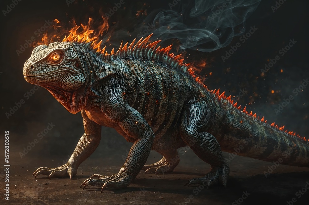 Obraz premium A large iguana with flames emanating from its head and back standing in a dark environment