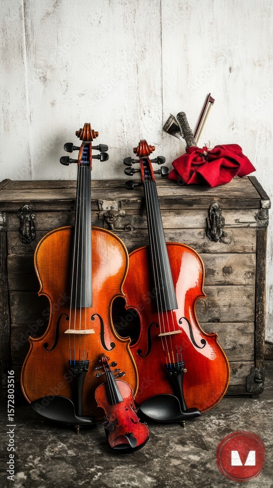 Naklejka premium Vintage Violins Resting on Antique Wooden Chest Musical Instrument Still Life Photography