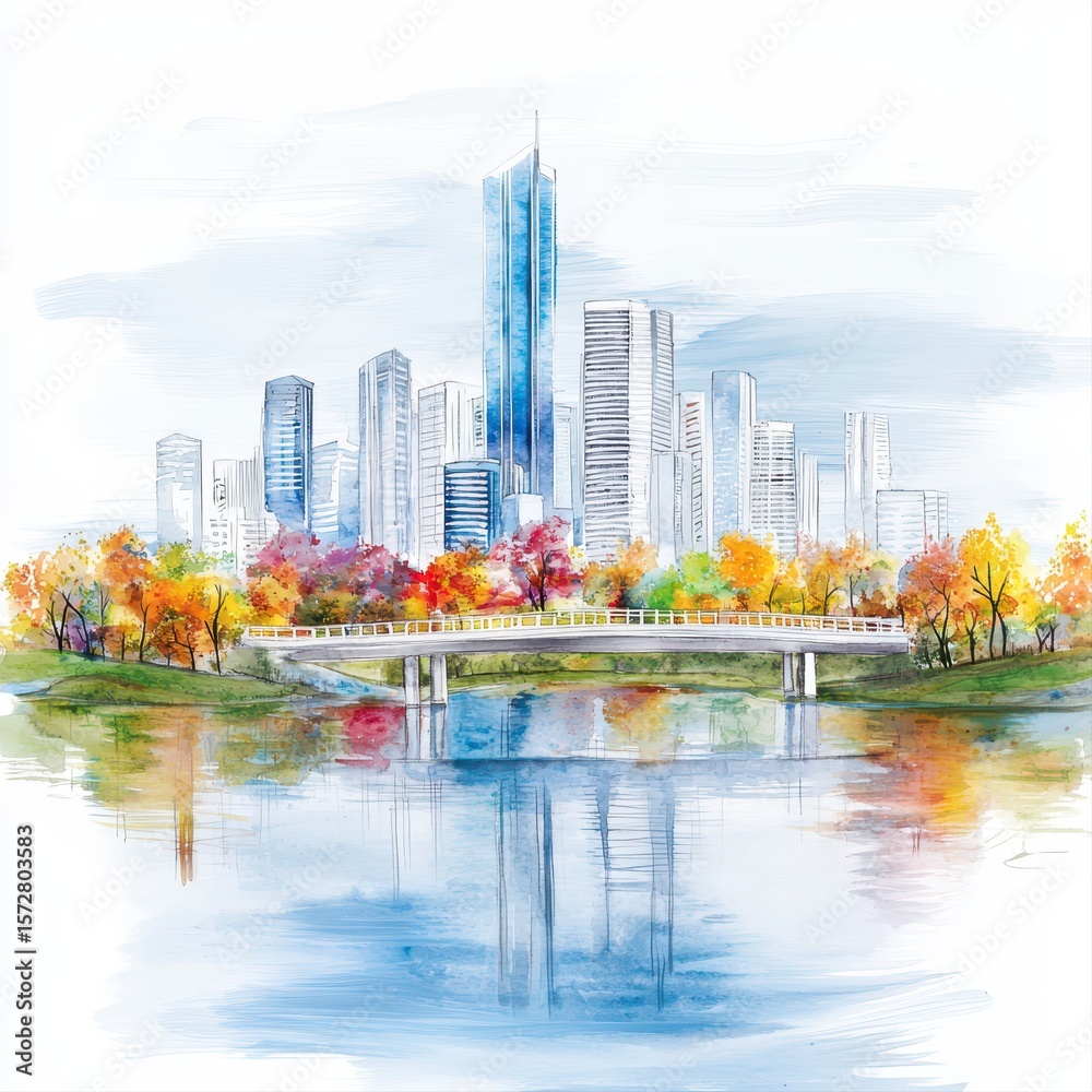 Fototapeta premium A serene watercolor painting depicts a cityscape reflection in tranquil waters with autumnal trees lining a bridge amidst the bustling city's high-rise buildings.