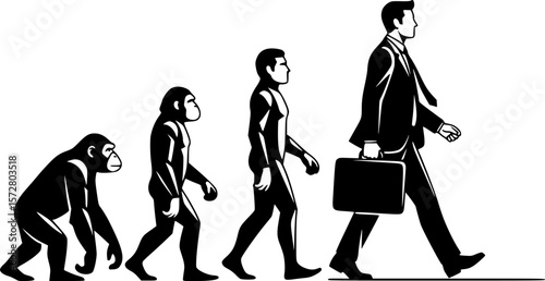Evolution of man from ape to human using a laptop in black and white illustration showing progress 