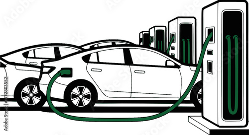Electric cars charging at a station with a green cable connected to the front vehicle at the station editable vector 