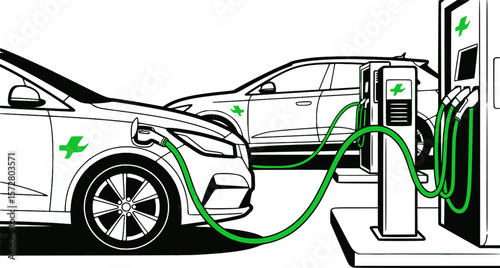 Electric cars charging at a station with a green cable connected to the front vehicle at the station editable vector 