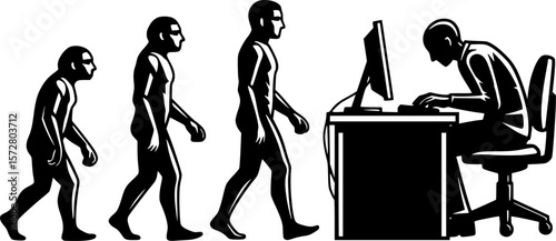 Evolution of man from ape to human using a laptop in black and white illustration showing progress 