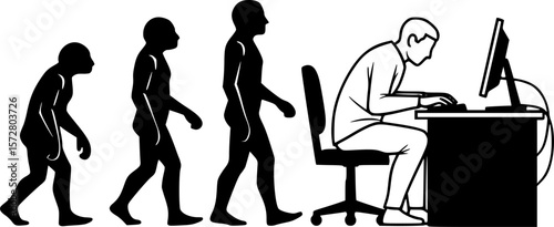 Evolution of man from ape to human using a laptop in black and white illustration showing progress 