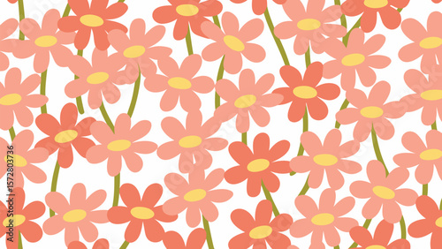 A floral pattern featuring many pink flowers with yellow centers and green stems on a white background
