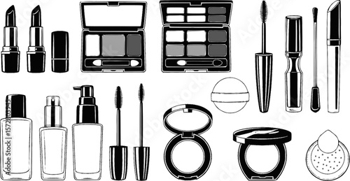 A collection of various makeup and beauty products arranged neatly in a graphic representation |eps vectors set silhouette