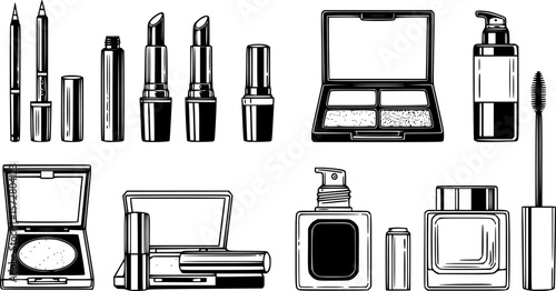 A collection of various makeup and beauty products arranged neatly in a graphic representation |eps vectors set silhouette
