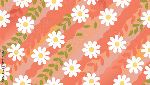 Floral pattern with white daisies and green leaves on a peach and orange wavy background design here