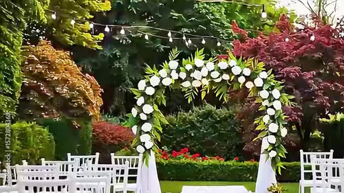 Vibrant red flowers bloom beside a beautifully decorated Christmas tree laden with gifts in a festive winter garden