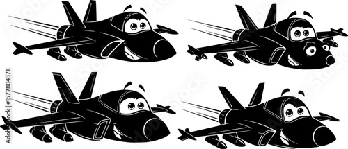 Four cartoon fighter jets in black silhouette with exaggerated eyes and friendly expressions on white background editable vecto