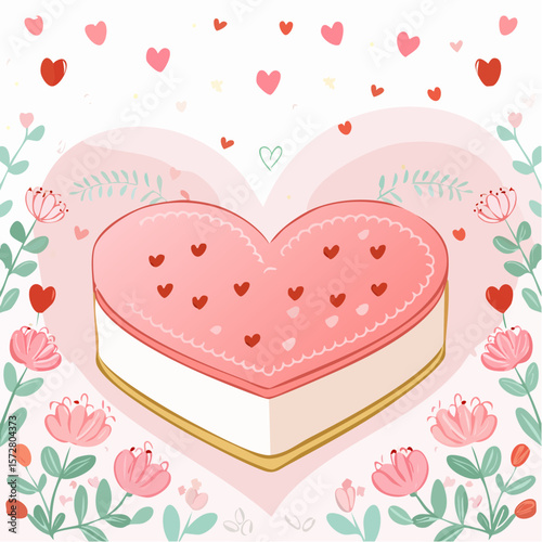 Hand drawn heart shaped cake for wedding, valentine day, anniversary. Whimsical doodle dessert illustration. Coquette bakery item. Line art sweet pastry food. Vector graphic