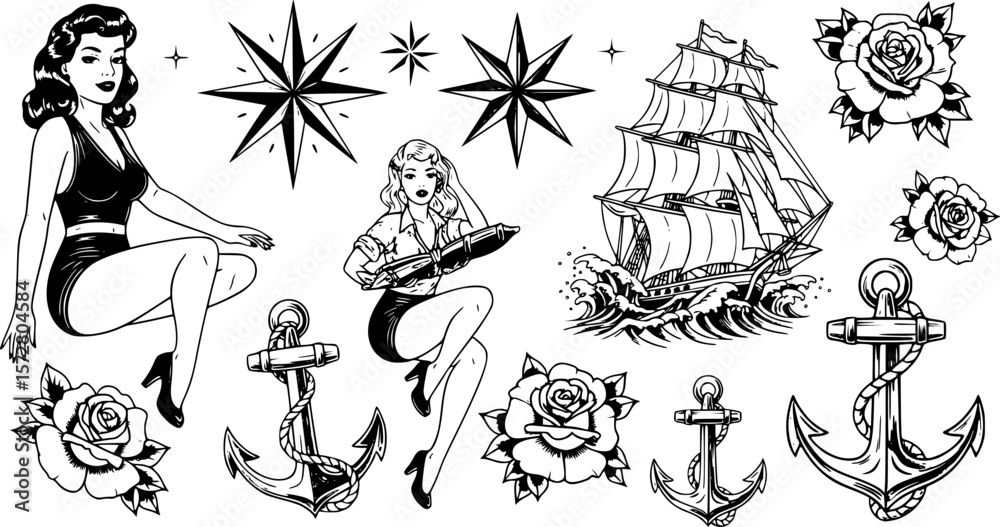 Illustration of vintage tattoo flash sheet with women, stars, ship, anchors and roses in old school style