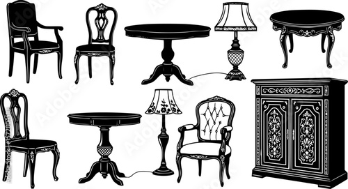 Collection of silhouette furniture including sofas, chairs, mirrors, lamps, and cabinets in black color |eps vectors