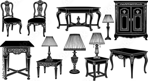 Collection of silhouette furniture including sofas, chairs, mirrors, lamps, and cabinets in black color |eps vectors