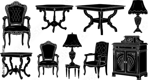 Collection of silhouette furniture including sofas, chairs, mirrors, lamps, and cabinets in black color |eps vectors