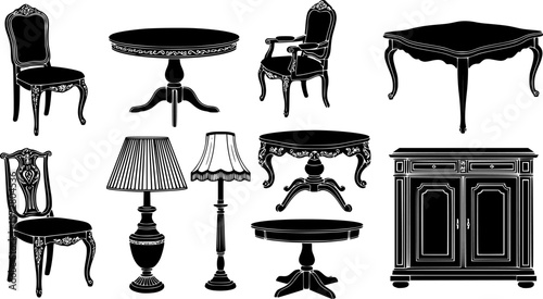 Collection of silhouette furniture including sofas, chairs, mirrors, lamps, and cabinets in black color |eps vectors