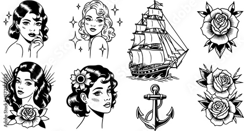 Illustration of vintage tattoo flash sheet with women, stars, ship, anchors and roses in old school style 