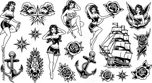 Illustration of vintage tattoo flash sheet with women, stars, ship, anchors and roses in old school style 