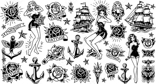 Illustration of vintage tattoo flash sheet with women, stars, ship, anchors and roses in old school style 