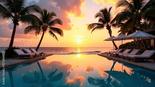 Beautiful sunset over the sea, in a hotel with a swimming pool, sun beds, umbrellas and palm trees.