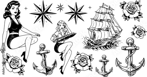 Illustration of vintage tattoo flash sheet with women, stars, ship, anchors and roses in old school style 