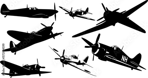 Silhouette illustration showcasing multiple fighter jets in various perspectives and orientations on white editable vector